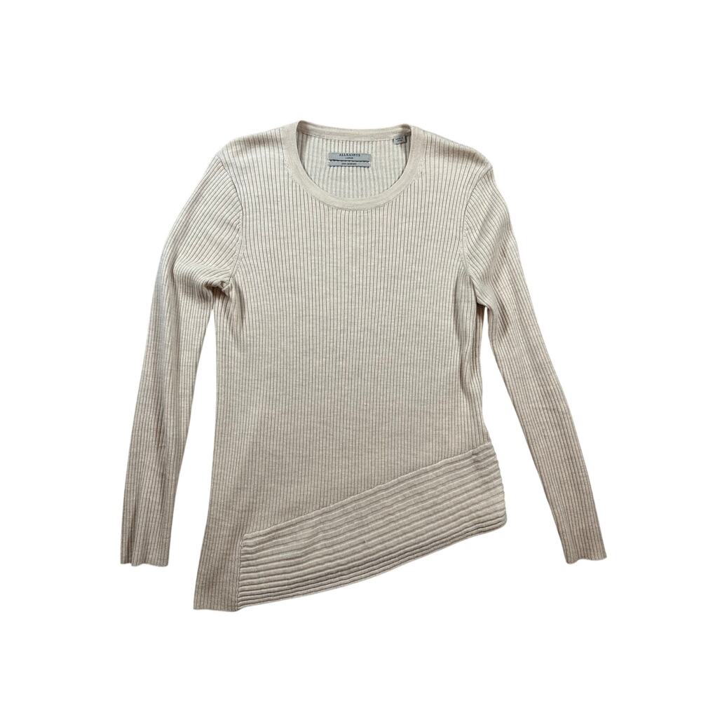 AllSaints Crew Neck Sweater Women Large Cream Ribbed Knit Asymmetric Hem Casaul